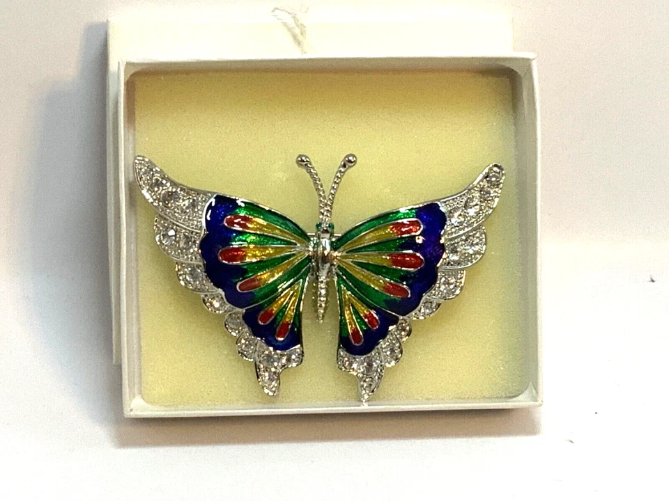 VINTAGE BUTTERFLY ENAMELED COLORS SPARKLING RHINESTONE CRYSTAL BROOCH JEWELRY - Image 1 of 4
