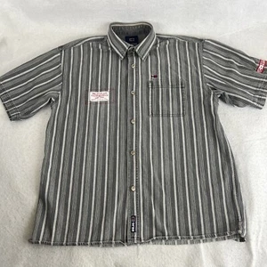 VTG Bugle Boy Denim Short Sleeve Button Shirt Men's L Gray White Striped - Picture 1 of 10