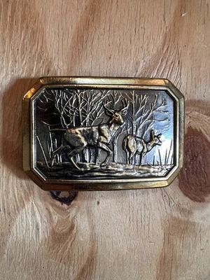 Great American Buckle Co. Chicago 1976 Deer and Doe Brass Buckle Serial #520 - Image 1 of 4
