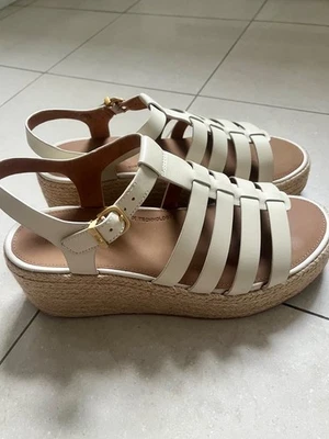 Sandalias alpargata de cuña con plataforma FitFlop para mujer talla 10 zapatos de cuero crema Foto 1 de 4