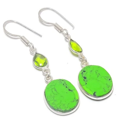 Pendiente de joyería de plata de ley 925 con piedras preciosas de peridoto turquesa verde 1,97" B591 Foto 1 de 2