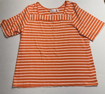 Blusa manga corta Denim And Company para mujer 1X naranja blanco rayas Foto 1 de 4