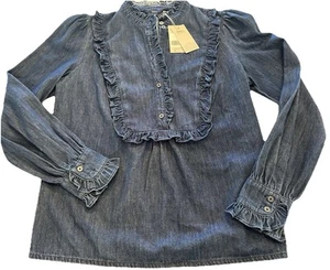 Boden Denim Shirt 10 Frill Easily Fits 12 Ruffle Cotton Princess Long Sleeve - Picture 1 of 13