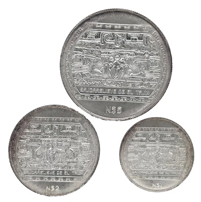 Juego de 3 1993 Mo BU México Nuevos Pesos $5, $2, $1 BAJORRELIEVE DE EL TAJIN Foto 1 de 4
