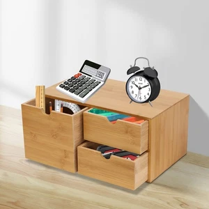 Desk Organizer Drawers Office Desktop Storage Bamboo Box Storage Recess Handle - Picture 1 of 14
