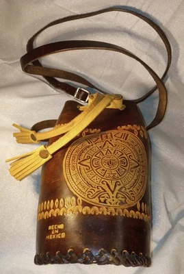 Bolso Bandolera México Tema Azteca Cuero Tocado a Mano Correa 48" Foto 1 de 4