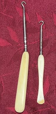 SET OF 2- Antique 8” and 6” Shoe Boot Button Hooks Ivory Celluloid Handles - Image 1 of 4