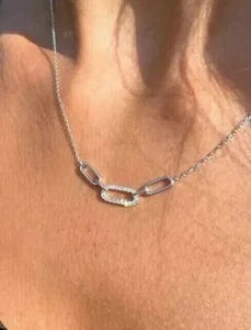 Paperclip Women Necklace 1.50 Ct Round Cut Real Moissanite 925 Sterling Silver - Picture 1 of 5