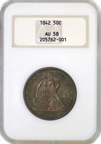 1842 50C Seated Liberty Half Dollar Silver Small Date Reverse Of '42 NGC AU58 Cover