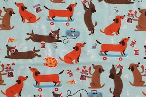Blue Dachshund Wiener Dog Doxies Snack Skate Cotton Flannel Fabric by half-yard