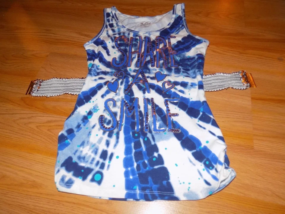 Size 12 Justice Blue White Tie Dye Sleeveless Shirt Top Silver Sequined Belt New - Image 1 of 1