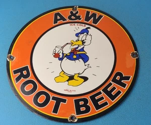 VINTAGE A&W PORCELAIN ROOT BEER BEVERAGE SODA DONALD DUCK GAS PUMP SIGN - Picture 1 of 15