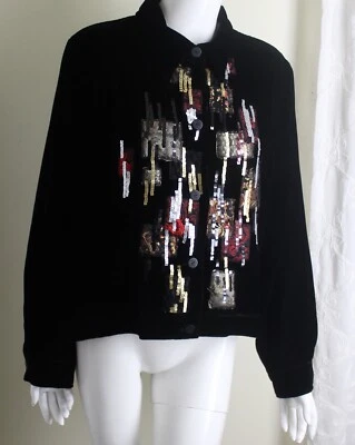 Hearts Palm 16 Runs 14 Black Velvet Silk Applique Sequin Glam Blazer Jacket XL - Image 1 of 4