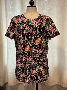 Koi Stretch  XL scrub top. Bright Colored Flowers, Music Notes, Guitar Pattern!