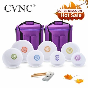 CVNC 432Hz Set of 7 Chakra Design 6"-12" Frosted Crystal Singing Bowl+Carry Bag - Picture 1 of 10