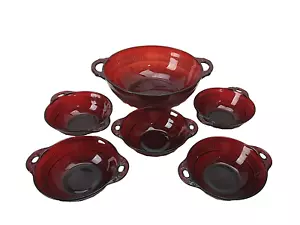 VTG Anchor Hocking Ruby Red Coronation Bowls 8” Serving Bowl And 5 4 1/2"Bowls - Picture 1 of 6