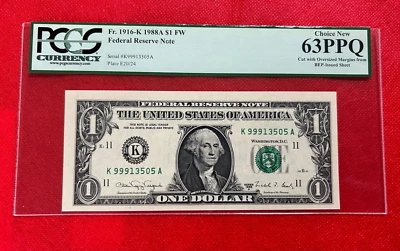 FR 1916K 1988A FW FEDERAL RESERVE NOTE PCGS CURRENCY 63PPQ CHOICE NEW - Image 1 of 2