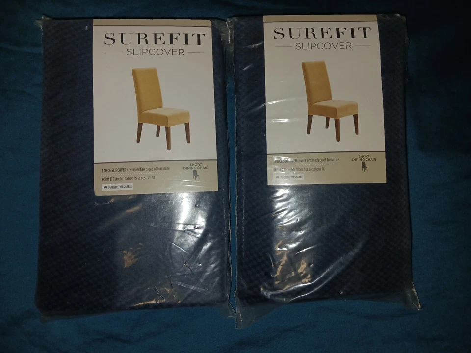 Fundas para sillas de comedor cortas con textura elástica SureFit. Azul chenilla. Lote de 2. Nuevo Foto 1 de 4