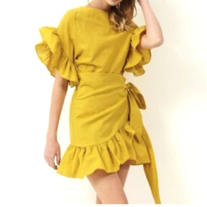 NWOT - Storets Yellow Mini Wrap Linen Dress Ruffle Ruffle Sleeve M Linen Cotton - Picture 1 of 8