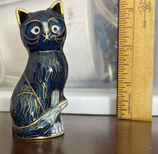 Cloisonne Glass Sitting Cat Figure Figurine Blue/Gold/White 3” Tall 1.25” Wide