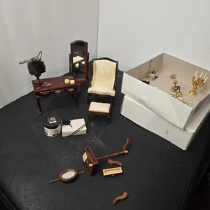 Dollhouse Wingback Chair Foot Rest Makeup Table Mirror extra LOT 1:12 VTG - READ - Picture 1 of 17
