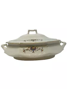 Cazuela para servir ovalada vintage de cerámica Limoges con mango de EE. UU. con tapa, flor - Imagen 1 de 12