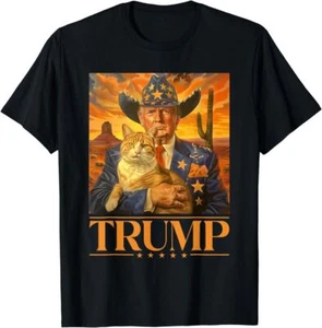 Trump 2024 And Cat Western Cowboy Patriotic 4th of July T-Shirt S-5XL - Picture 1 of 5