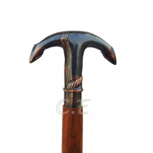 Bastone da passeggio uomo dritto formale canna marrone legno ancoraggio ottone manico testa - Foto 1 di 4