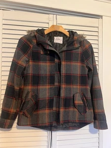 KIRRA Women’s Size Medium M Jacket Coat Full Zip Hooded Plaid Wool Blend - Picture 1 of 15