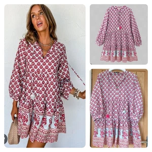 Zara Indian Floral Cotton tunic smock top mini dress Summer kaftan Boho Ibiza M - Picture 1 of 14