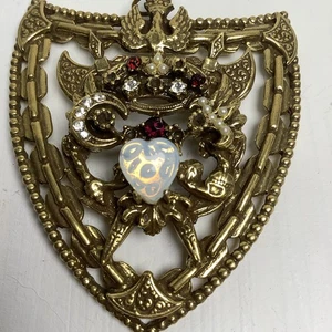 Rare Vintage Masonic Medallion Pendant Medieval Knight Shield Jeweled Gold Crest - Bild 1 von 5
