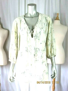 ROSE & OLIVIA SZ 1X Polyester Cream/Linen Beige & Sage Sheer Blouse Top Shirt - Picture 1 of 12