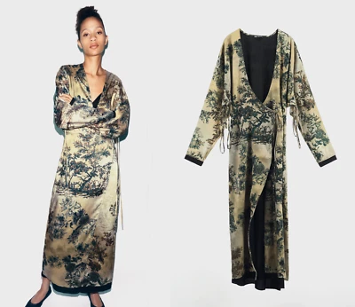 ZARA LONG KIMONO DRESS ORIENTAL PRINT SATIN WRAP COAT JACKET SIZE  M NEW - Image 1 of 4