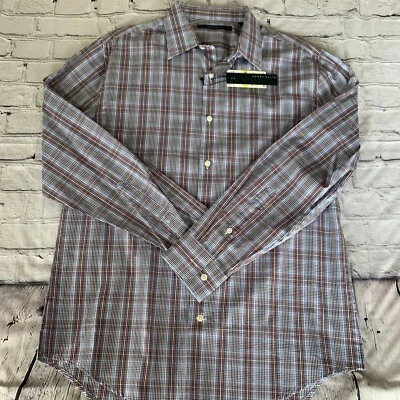 Camisa de vestir nueva con etiquetas de PERRY ELLIS 100 % algodón lavanda/azul/marrón a cuadros/cuadros talla M Foto 1 de 4