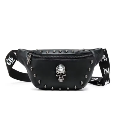 Black Fanny Pack Goth Skull Crossbody Chest Bag with mini skull accents - Image 1 of 4