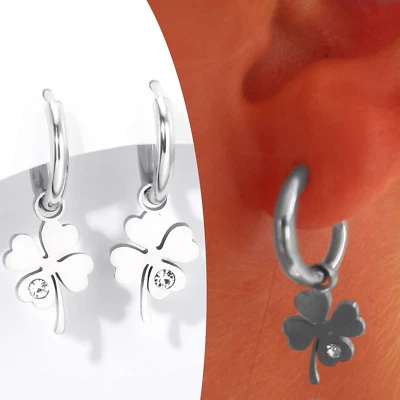Orecchini a cerchio con quadrifoglio pendente con zirconi in acciaio inox donna - Immagine 1 di 3
