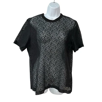 Helmut Lang Camiseta Superpuesta de Encaje L Grande Negra Cuello Redondo Manga Corta Mujer Top Foto 1 de 4