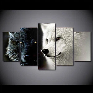 Multi Panel Print Black White Wolves Canvas 5 Piece Wolf Man Cave Wall Art - Picture 1 of 5