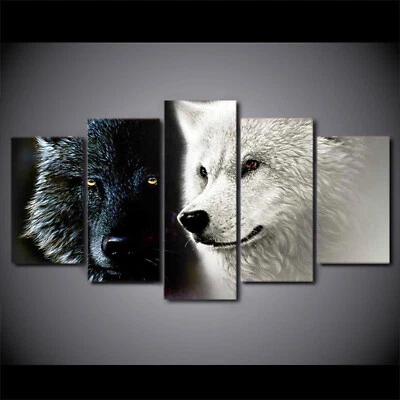 Multi Panel Print Black White Wolves Canvas 5 Piece Wolf Man Cave Wall Art - Image 1 of 4