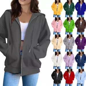 Women Zip Up Hoodies Long Sleeve Sweatshirts Fall Winter Oversized Casual Jacket - Picture 1 of 24