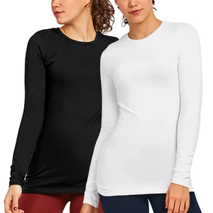 2 Pack Women’s T-Shirts Cotton Long Sleeve Crew Neck Solid Classic Fit Basic Tee - Picture 1 of 32