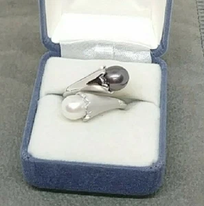 Sterling Silver T&S Tara Tahitian Black and White Pearl Ring. Ying/Yang Rare  - Picture 1 of 8