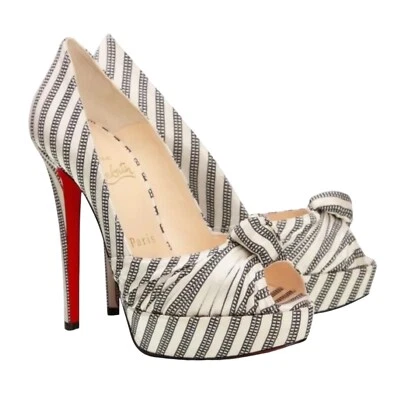 Zapatos de salón CHRISTIAN LOUBOUTIN seda satinado Greissimo a rayas punta abierta, talla 41 Foto 1 de 4