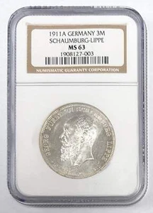 1911 A Germany 3 Mark Schumburg Lippe NGC MS 63 - Picture 1 of 3