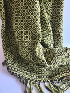 Crate and Barrel "Oliver" Green Brown Retro Woven Fringe Acrylic Throw Blanket - Picture 1 of 7
