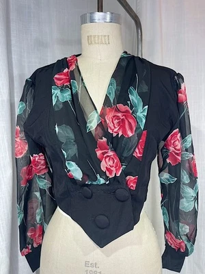 Blusa corta vintage de esmoquin con estampado de rosas negras años 80 Foto 1 de 4