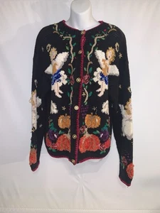 Design Options Pumpkin And Angels Sweater Cardigan Size Medium - Picture 1 of 13
