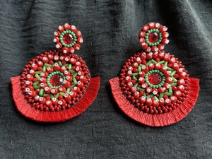 Aztec Style Large Red Green Beaded Fringe Round Handmade Mexican Dangle Earrings - Picture 1 of 13