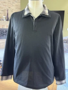 Shein Black w/Plaid Collar & Cuffs Long Sleeve Polo Shirt Mens Size Large - Picture 1 of 10