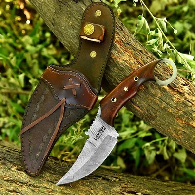 Handmade Damascus Steel Karambit Hunting Knife Rosewood Handle with Leather - Image 1 of 4